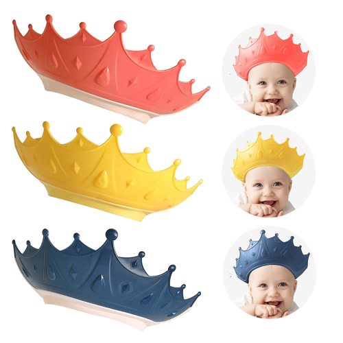 3 Pack Baby Shower Cap Shield, Shower Cap for Kids, Visor Hat for Eye and Ear Protection for 0-9 Years Old Children, Cute Crown Shape Makes the Baby Bath More Fun (Blue,Yellow,Pink)