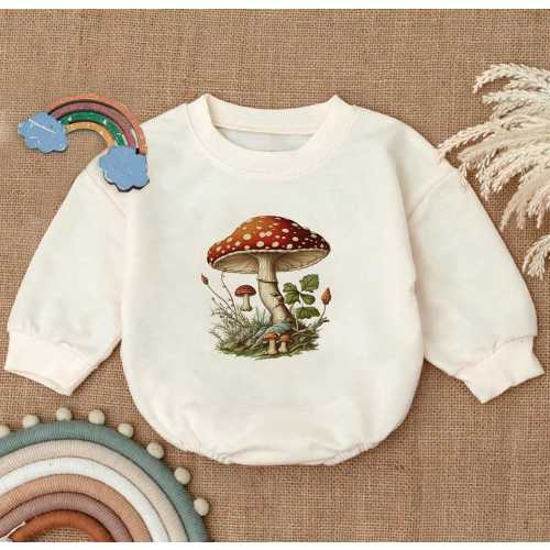 Mushroom Romper Sweatshirt, Baby Nature Outfit, Woodland Toddler Pullover, Cottagecore Baby Clothes, Forest Theme Baby Gift, Cozy Baby Wear