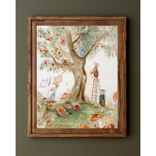 Apple picking mice watercolor illustration - Cozy Art Print, Vintage Nursery Decor, whimsical wall art