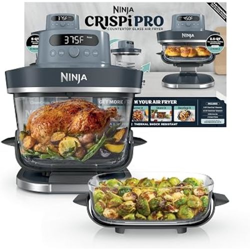 Ninja Crispi Pro 6-in-1 Glass Air Fryer | With Nontoxic, 6qt & 2.5qt Containers & Lids | Microwave, Freezer, Dishwasher Safe | 450°F Max Temp | 1800 Watt | Cyberspace | AS101CY