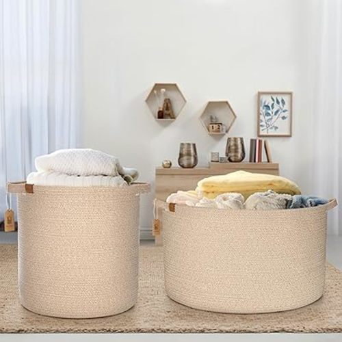 Large Blanket Basket & Laundry Basket, Cotton Rope Storage Baskets Toy Storage Bin, Set of 2, for Living Room, Bedroom, Laundry Room