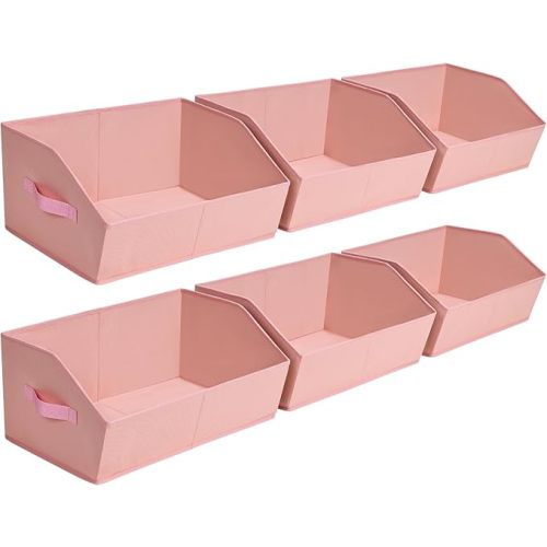 Closet Baskets for Shelves Trapezoid - Decorative Storage Baskets with Handle, Closet Bins for Organization, Shelf Storage Bins for Clothes, Books, Home, Office, 6 Pack, Pink