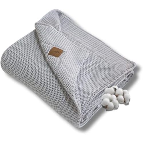 100% Organic Cotton Baby Knitted Blanket with Gift Box - Soft Toddler, Crib, Stroller Blanket - Neutral Swaddle and Receiving Blanket for Newborns, 30"x40", Harbor Mist