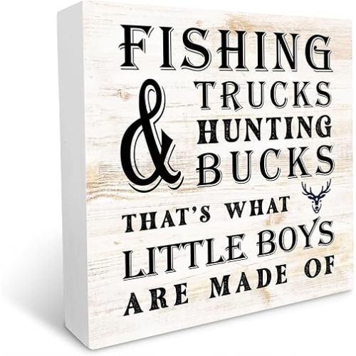 Nursery Decor,Fishing Trucks Hunting Bucks That's What Little Boys are made of Wood Plaque Table Art Sign, Nursery Table Decor for Baby Boys Toddlers, Desk Decor 7" x 7",24nv21naA1158
