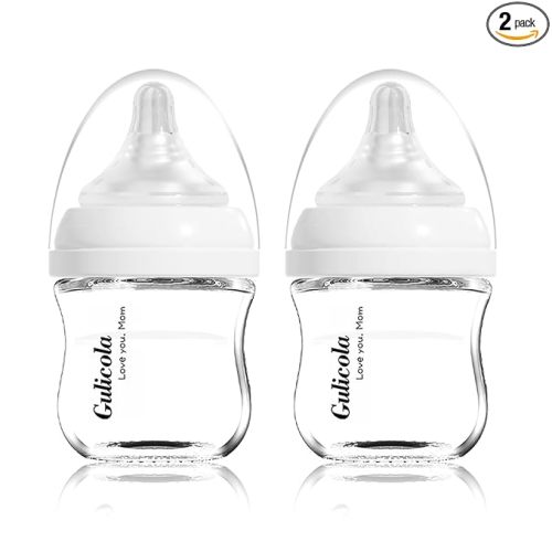 Gulicola Small Glass Baby Bottle for Newborn Breastfeeding Babies, Preemie & Extra Slow Flow Nipples (SS), Anti-Colic, Breast-Like, 0 Months+, 3 oz, 2 Pack - White