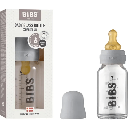 BIBS Baby Glass Bottle. Anti-Colic. Round Natural Rubber Latex Nipple. Supports Natural Breastfeeding, Complete Set - 110 ml, Cloud