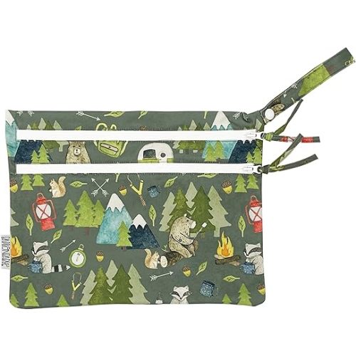 BapronBaby Camping Bears Wet Dry Bag - Waterproof Two Zipper Pockets - Reusable for Mealtime, Diapers, Stroller, Snacks, Swimsuits - Machine Washable - 11" x 9"