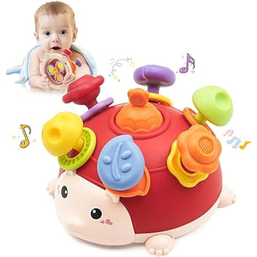 VViN Hedgehog Teether for Babies 6 9 12 18 Months, Colorful 3-in-1 Rattle, Teether, Spin Toddler Sensory Toys- Montessori Toys for 1 Year Old, Ideal for Teething Relief, Travel, & Gift Giving (Red)