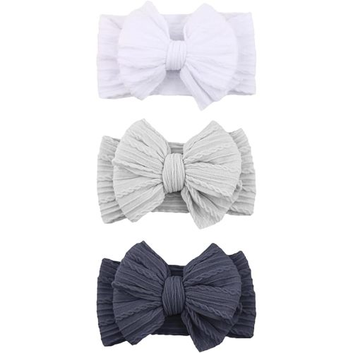 Baby Bows Headbands Nylon Hairbands Baby Girl Bows Hair Accessories for Infant Toddler Essentials(White Grey Blue, mid)