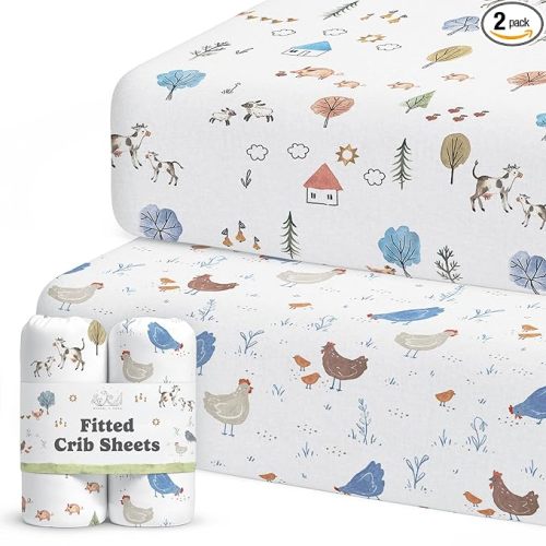 Crib Sheets Neutral - Fitted Baby Crib Sheets Bed for Girl Boy - 2 Pack Standard & Toddler Mattress (Farm Animals) - Buttery Soft Organic Cotton Blend