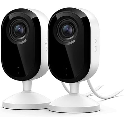 Arlo Essential Indoor Security Camera 2K (3rd Gen, 2025 Release) - Wired Plug-in Power, Person Recognition, Animal Detection, 1-Month Trial of Secure Plan, Automated Privacy Shield, 2 Cam, White