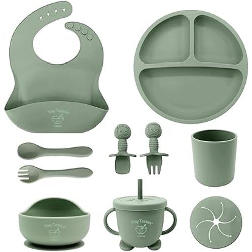 10-Piece Silicone Baby Feeding Set – BPA-Free, Spill-Proof Suction Plate, Bowl, Bib, Snack Cup & Utensils | Dishwasher Safe, Baby Gift Ready (Green)