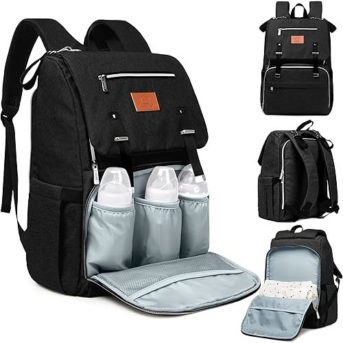 KeaBabies Baby Diaper Bag Backpack, Travel - Large Baby Bag for Mom and Dad, Waterproof, Multi-Function Girl Boy Diaper Backpack with Changing Pad, Durable Travel Essentials (Trendy Black)