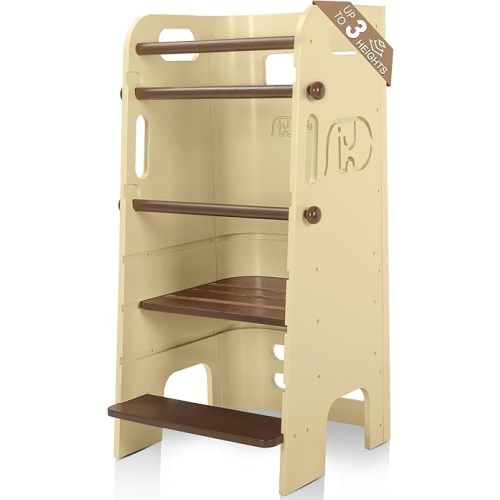 Toddler Tower, 3 Levels Adjustable Height Toddlers Standing Tower, Wooden Toddlers Kitchen Stool for Kids with Removable Safety Rail, Closed Back & Anti-Slip Strips