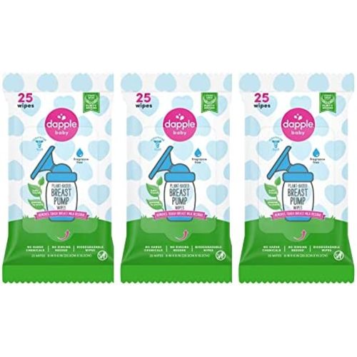 Breast Pump Wipes by Dapple Baby, 25 Count (Pack of 3), Fragrance Free, Plant Based & Hypoallergenic Breast Pump Wipes - Removes Milk Residue, Leaves No Taste - Convenient Wipes Pouch