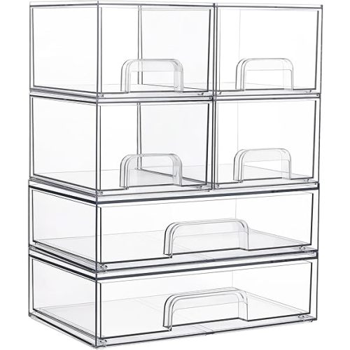 Vtopmart Stackable Storage Drawers Set of 6, Clear Plastic Organizer Bins for Bathroom Supplies,Ideal for Cabinet,Pantry,Laundry Room Organization