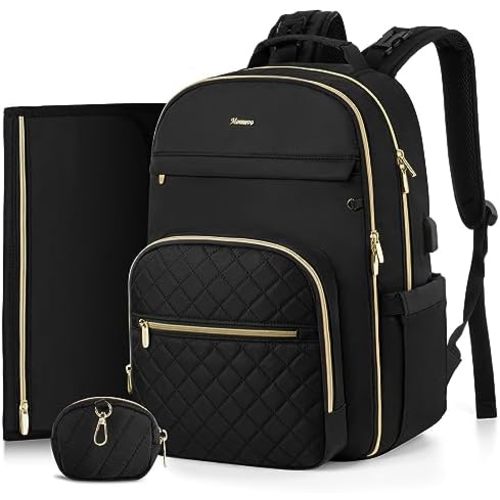 MOMUVO Diaper Bag Backpack, Quilted Baby Bag with Changing Pad and Stroller Straps and Pacifier Case, Large Travel Diaper Bags for Mom Dad,Black