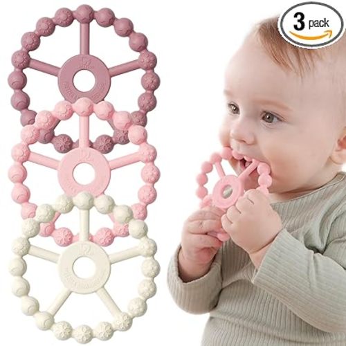 3 Pack Ring Teether Baby Infant Toys, Baby Essentials, Silicone Teething Ring Toys for Babies 0-6 Months, Seposeve Toddler Teethers 6-12 Months 12-24 Months, Infant Teething Relief, Purple Pink White