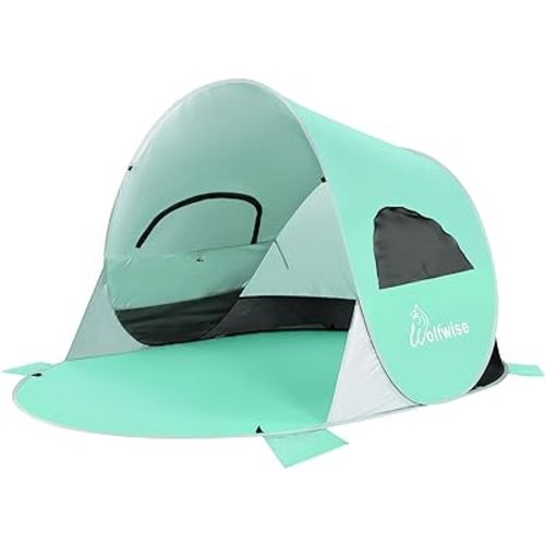 WolfWise UPF 50+ Easy Pop Up 3-4 Person Beach Tent Sport Umbrella Instant Sun Shelter Tent Sun Shade Canopy, Mint Green