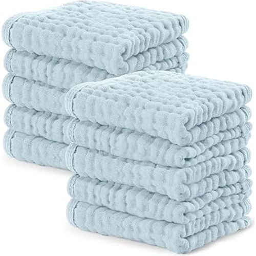 Comfy Cubs Muslin Baby Washcloths 10 Pack - Soft 6-Layer Cotton Wash Cloths for Sensitive Skin - 10"x10" Large, Gentle, Absorbent Infant Essentials for Newborn and Toddlers - Sky Blue