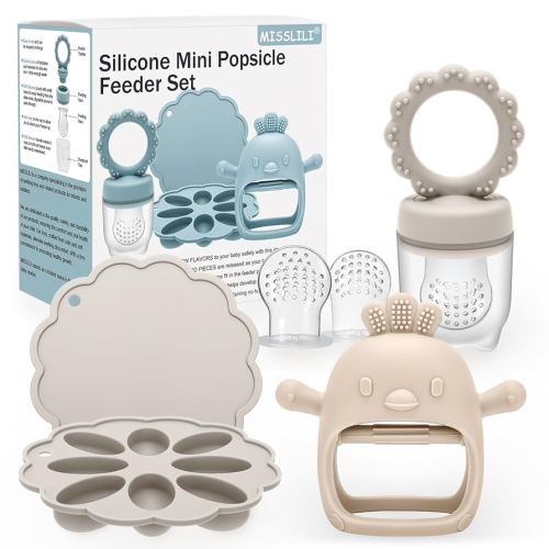 3 Pack Silicone Teething Mitten for Babies with Baby Fruit Food Feeder & Freezer Tray Set, BPA Free Infant Teething Relief Toy for 3 Month+, Additional Silicone Sacs
