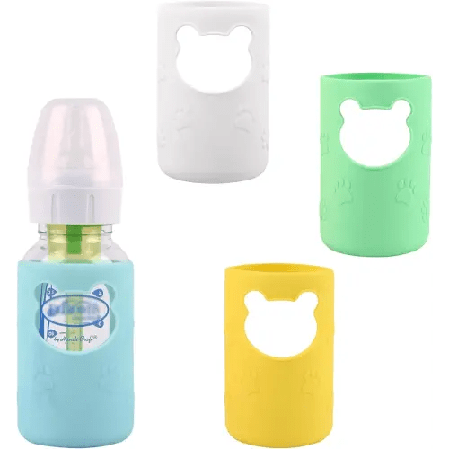4 Pack Silicone Sleeves for Dr Brown's Glass Baby Bottles, Anti Breakage Baby Bottle Holder, Compatible Dr. Brown's Natural Narrow Glass Baby Bottles 4 oz, BPA Free (White+Blue+Green+Yellow)