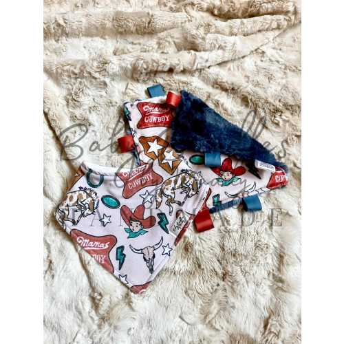 Mama’s Cowboy Drool Bandana and Crinkle Tag Toy Baby Set / Western Baby Shower / Cowboy Baby Boy Gift Set / Long Horns and Turuoise