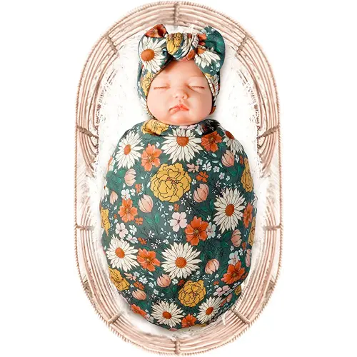 Konssy Baby Girl Newborn Receiving Blanket with Headband Set Baby Swaddle Nursery Swaddle Wrap