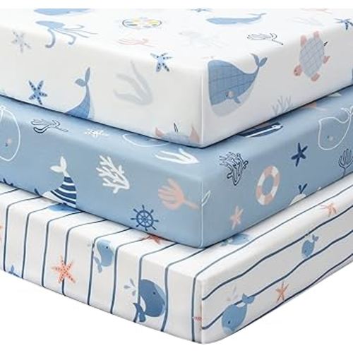 Baby Crib Sheets for Boys and Girls, 3 Pack Toddler Bed Sheets for 52”x28” Standard Toddler Mattresses, Soft Microfiber Fitted Crib Sheets Neutral Blue Ocean Whale