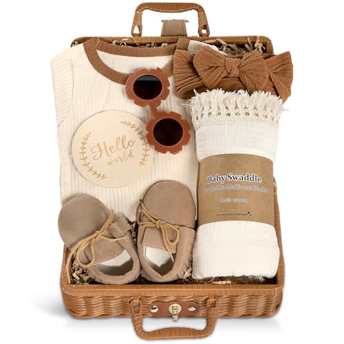 iAOVUEBY Baby Girl Gifts, Baby Shower Gifts for Girls, Unique Baby Gift Essential Stuff Newborn Swaddle Wrap Sunglasses Infant Bow Onesie Milestone Cards Tassel Shoes, New Born Baby Girl Gift Basket