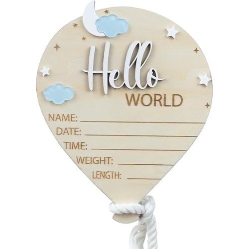 Hello World Baby Birth Stats Sign, 6.2 inches, Wood Engraved Hospital Announcement Board with Flower (BB76)