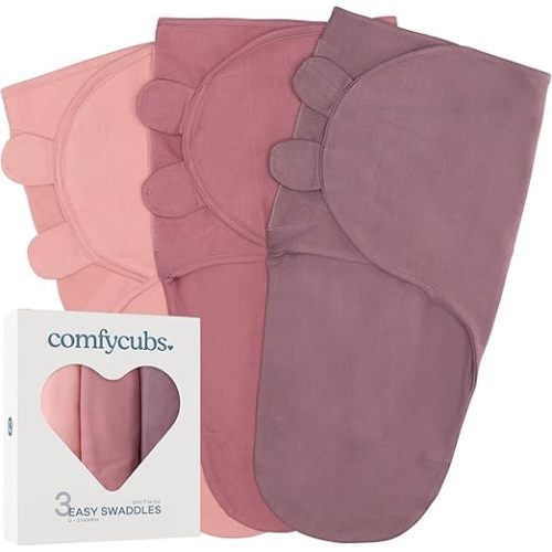 Comfy Cubs Easy Swaddle Blanket, 3 Pack - 100% Cotton Newborn Wrap, Small for 0-3 Months Infants, Breathable and Durable Sleep Sack for Babies - Blush, Mauve & Mulberry