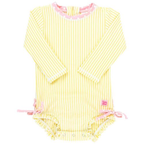 Rufflebutts Seersucker Long Sleeve One Piece Rash Guard - Bright Aqua, Size: 6-12m