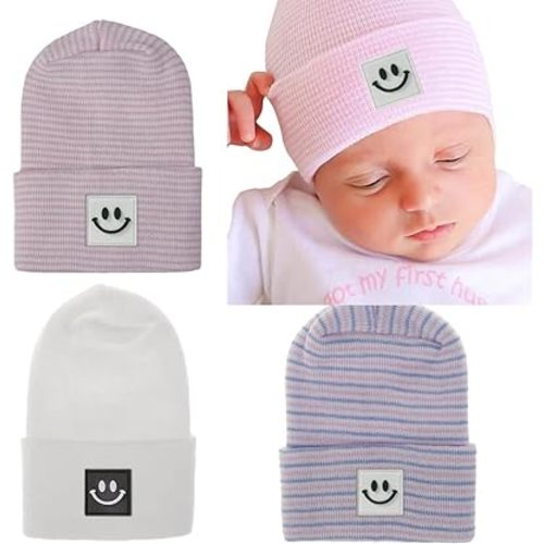 Newborn Baby Hat Infant Caps Baby Boy Girl Toddler Hospital Hats Bow Double Layer Knit Beanie Cap for 0-3 Months