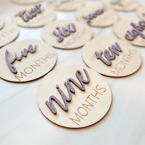Baby Monthly Milestone Markers Disc, Wooden 3D Baby Milestone Cards for Baby Photos, 6-Pack Baby Announcement Sign,1-12 Months, 4 Inches in Size (Mauve)