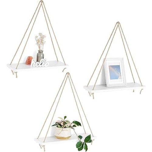 Mkono Wood Hanging Shelves for Wall Boho Decor Swing Rope Rustic Floating Shelf, Set of 3 Wall Display Shelving Home Organizer Rack for Living Room Bedroom Bathroom Kitchen,White