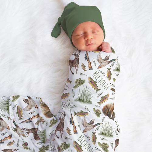 Personalized Hunting Swaddle Blanket Fishing Name Baby Blanket Newborn Baby Boy Coming Home Outfit Hospital Photo Outfit Baby Shower Gift