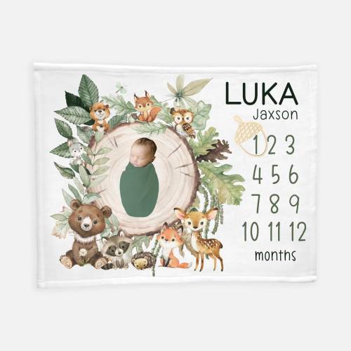 Woodland Milestone Blanket, Baby Boy Blanket, Raccoon Bear Deer Fox Blanket, Forest Animal Baby Gift, Newborn Blanket, Woodland Nursery W27