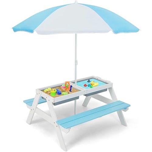 HONEY JOY Kids Picnic Table, 4 in 1 Cedar Wooden Sand & Water Table w/ 2 Removable Box & Umbrella, Kids Picnic Tables for Outdoors Backyard Garden, Toddler Patio Furniture Set for Boys Girls(Blue)