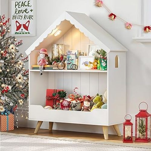 Kids Dollhouse Bookshelf, Wooden Bookcase Storage with Motion-Activated Light, 2-Tier Open Display Organizer for Toys and Books, Baby Bookshelf for Birthday, Christmas, White