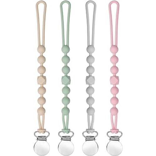 Pacifier Clips for Boys Girls - MORIBOX Silicone Paci Clip Teething Relief with One Piece Baby Binky Holder for Shower Birthday Gift 4 Pack