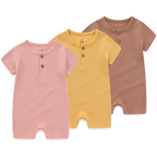 Newborn Baby Boys Girls One Piece Romper 3 Pack Short Sleeve Ribbed Button Multiple colors Jumpsuit Outfit Clothes