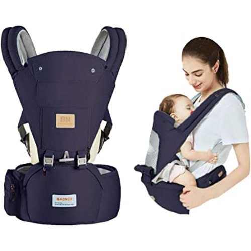 Baby Carrier with Hip Seat Lumbar Support for Newborn, Infant & Toddler, Large Storage Capacity, 100% Cotton Lightweight and Breathable