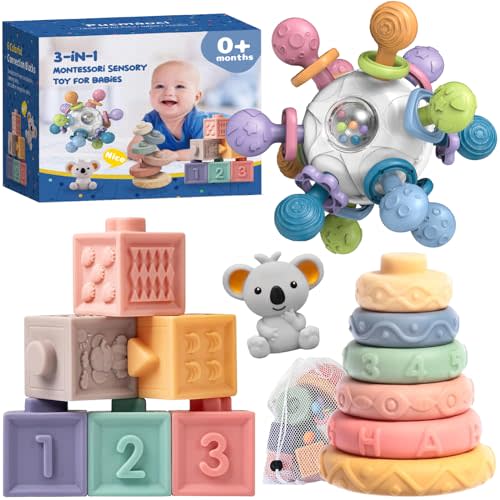 Pucmaoci Montessori Baby Toys 3-in-1 Set for Sensory Development, Teething Toys, and Early Education - Gift for Toddler Baby 0-3-6-12-18 Months