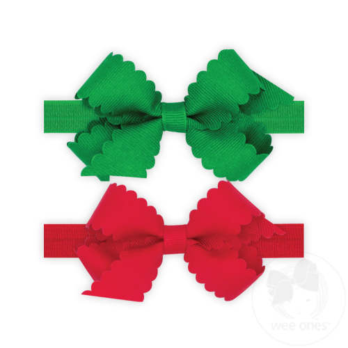 GIFT PACK! Two Mini Scallop Bows With Bands - GRN/RED | Wee Ones Hair Bows & Accessories