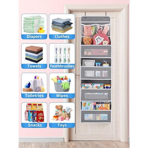 JARLINK 2 Pack 5-Shelf Over Door Organizer Storage, Upgrade Hanging Storage with Clear Window, 50 lbs Load Storage Organizer for Bedroom, Bathroom, Nursery, Baby Kids Toys, Diapers, Pantry, Grey