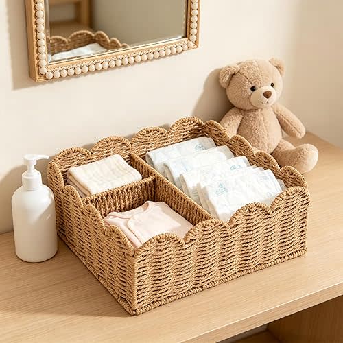 Quincry Rattan Divided Scalloped Basket,Wicker Diaper Caddy Scalloped Baske,Woven Natural Basket with 4 Dividers,Suitable for Baby Rooms, Bathrooms, Bedrooms (Paper Rope)