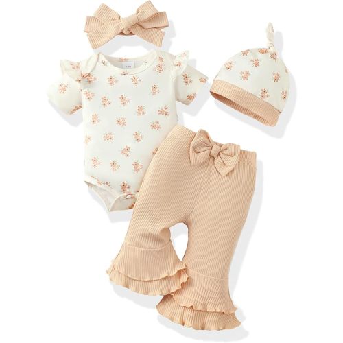 Renotemy Baby Girl Clothes 6-12 Months Infant Spring Summer Outfit 9-12 Month Girl Clothes Baby Essentials Infant Coming Home Outfits Gifts Green Bell Bottom Pants Short Sleeve Bodysuit Clothes Set