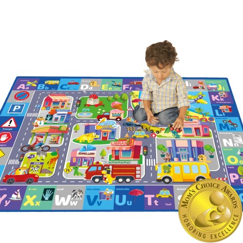 QUOKKA Floor Playmat for Babies Super Soft Plush ABC Play Mat for Kids Toddlers & Infants - Extra Thick (0.8cm) Large Padded Non-Slip Car Nursery Rug with City - Foldable Mat for Playroom
