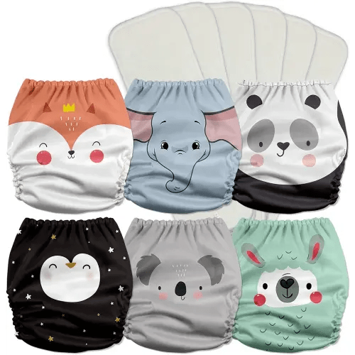 Mama Koala 3.0 Pocket Cloth Diapers for Babies with AWJ Lining, 6 Pack with 6 5-Layer Natural Cloth Diaper Inserts - Reusable and Washable Pocket Diapers(A-Love Animals)